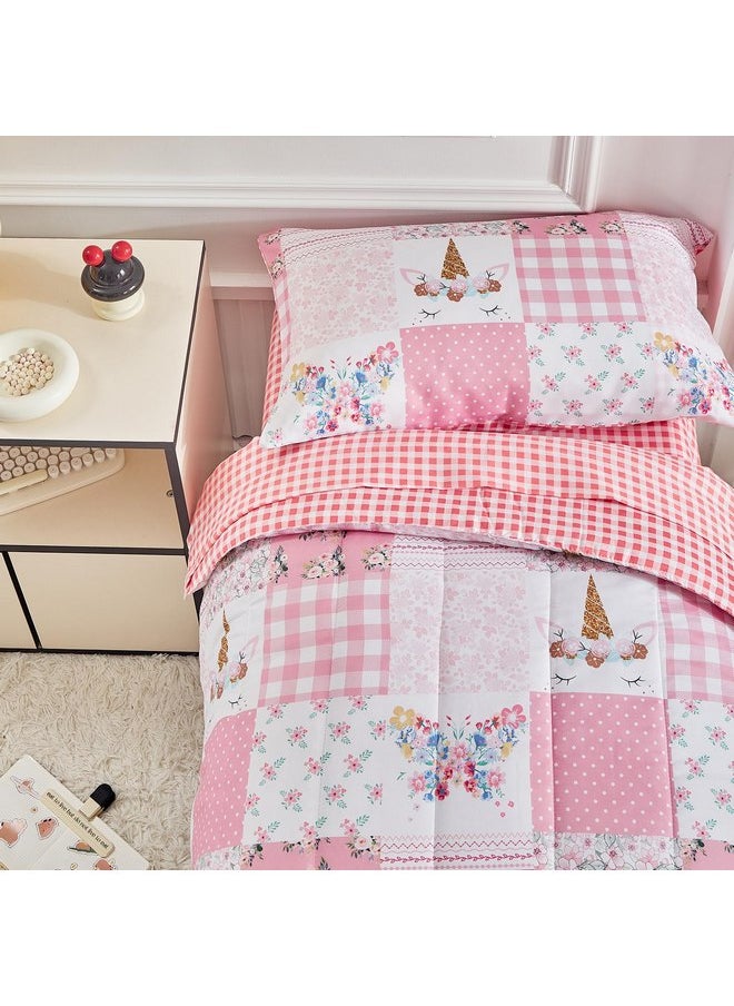 Joyreap 4 Piece Toddler Bedding Set for Girls- Pink Butterflies n Flowers Patchwork Toddler Comforter Set, Includes Quilted Comforter, Fitted Sheet, Top Sheet, and Pillow Case