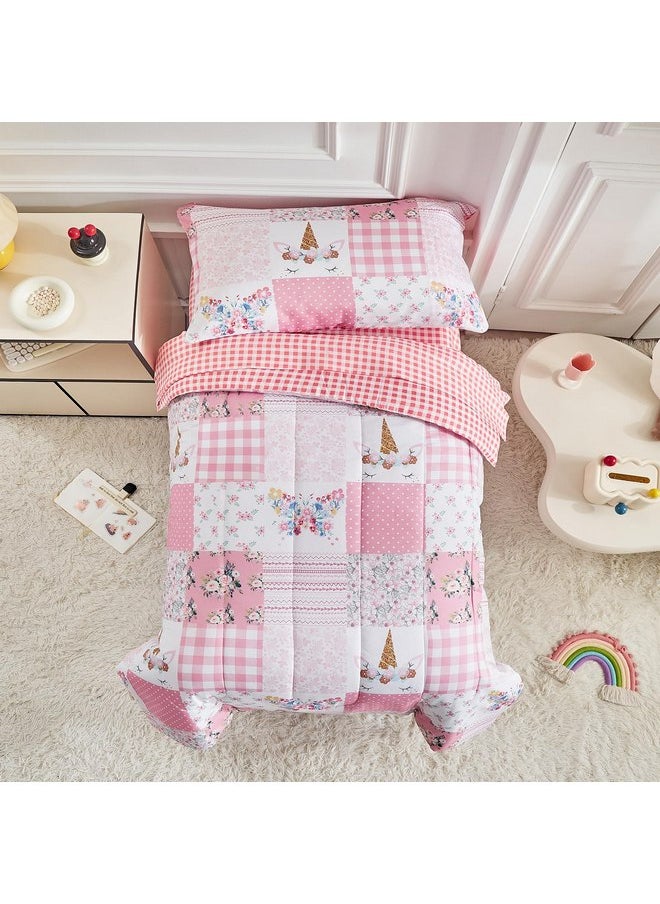 Joyreap 4 Piece Toddler Bedding Set for Girls- Pink Butterflies n Flowers Patchwork Toddler Comforter Set, Includes Quilted Comforter, Fitted Sheet, Top Sheet, and Pillow Case