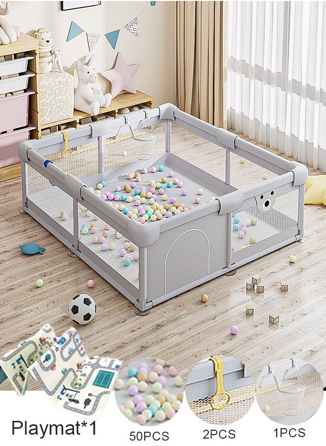 Playpen, Playpen for Baby, 180*200cm Baby Play Area, Baby Playpen with Mat Baby Fence for Baby Safety,Fence for Kids ,Infant Indoor And Outdoor Kids Activity Center With 50 Pieces Ocean Balls and 2 Packs of Pull Rings حاجز العاب للاطفال سياج امان للعب الاطفال