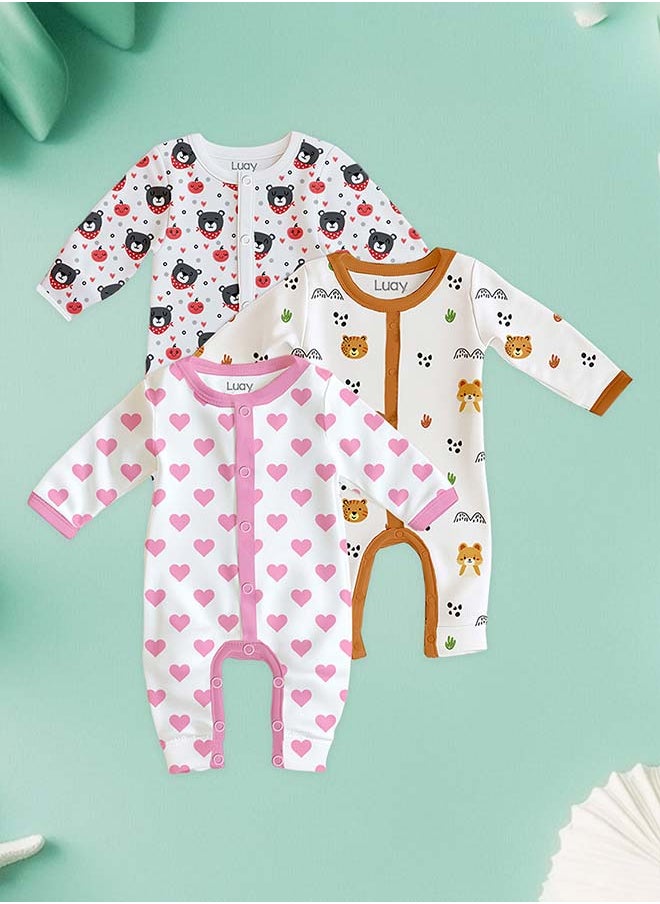 LUAY 100% Cotton Full Sleeves Baby Printed Romper,Sleepsuit for Baby Girls & Boys,_(Pack of 3) 3-6 M