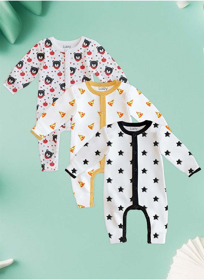 LUAY 100% Cotton Full Sleeves Baby Printed Romper,Sleepsuit for Baby Girls & Boys,_(Pack of 3) 12-18 M