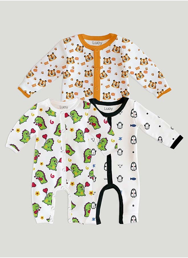 LUAY 100% Cotton Full Sleeves Baby Printed Romper,Sleepsuit for Baby Girls & Boys,_(Pack of 3) 9-12 M