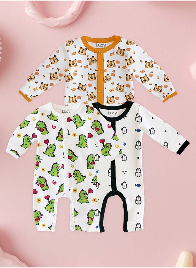 LUAY 100% Cotton Full Sleeves Baby Printed Romper,Sleepsuit for Baby Girls & Boys,_(Pack of 3) 9-12 M
