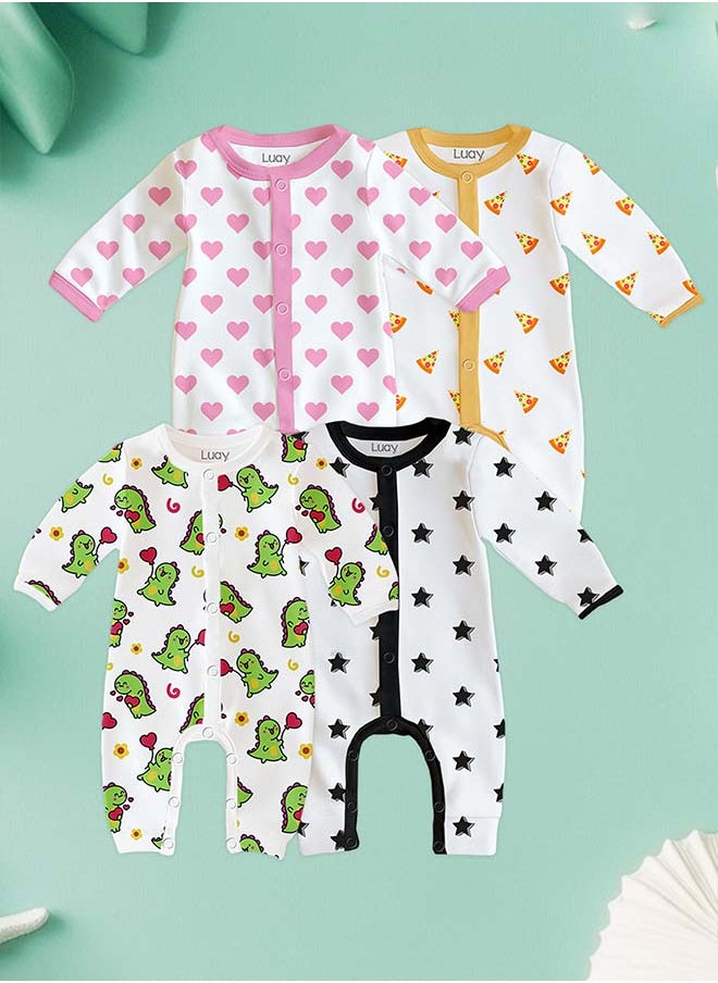 LUAY 100% Cotton Full Sleeves Baby Printed Romper,Sleepsuit for Baby Girls & Boys_(Pack of 4)