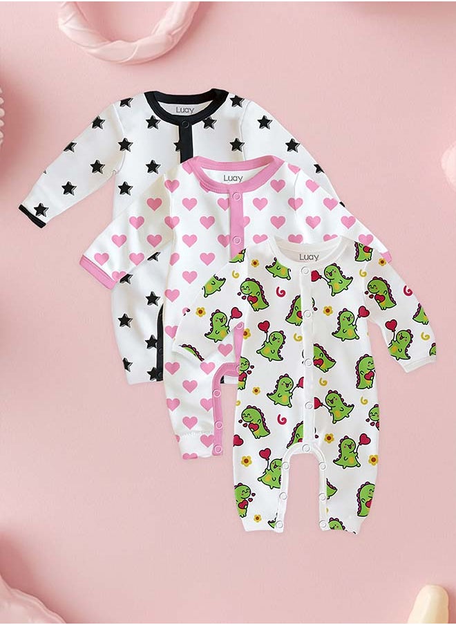 LUAY 100% Cotton Full Sleeves Baby Printed Romper,Sleepsuit for Baby Girls & Boys,_(Pack of 3) 0-3 M