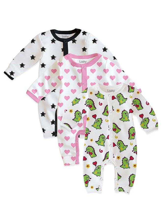 LUAY 100% Cotton Full Sleeves Baby Printed Romper,Sleepsuit for Baby Girls & Boys,_(Pack of 3) 0-3 M