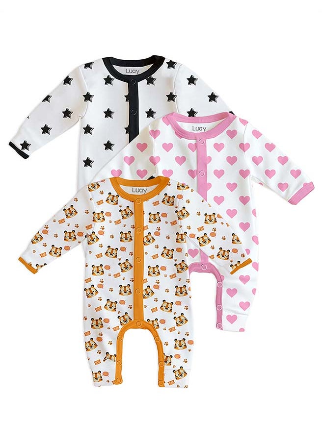 LUAY 100% Cotton Full Sleeves Baby Printed Romper,Sleepsuit for Baby Girls & Boys,_(Pack of 3) 6-9 M
