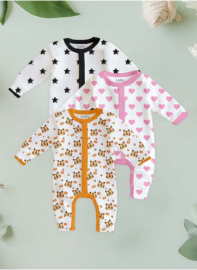 LUAY 100% Cotton Full Sleeves Baby Printed Romper,Sleepsuit for Baby Girls & Boys,_(Pack of 3) 6-9 M