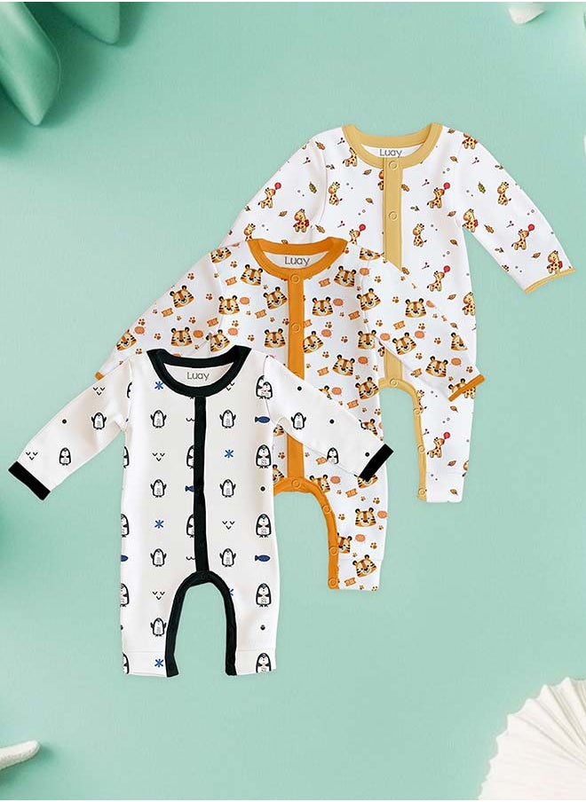 LUAY 100% Cotton Full Sleeves Baby Printed Romper,Sleepsuit for Baby Girls & Boys,_(Pack of 3)