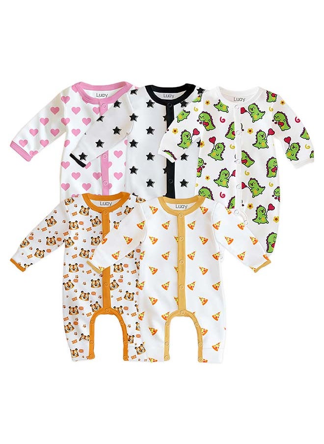 LUAY 100% Cotton Full Sleeves Baby Printed Romper,Sleepsuit for Baby Girls & Boys,_(Pack of 5)