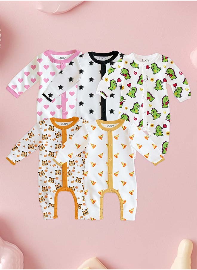 LUAY 100% Cotton Full Sleeves Baby Printed Romper,Sleepsuit for Baby Girls & Boys,_(Pack of 5)