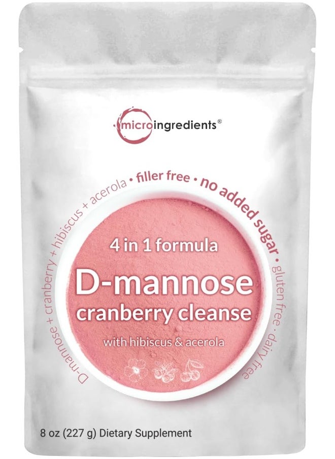 D Mannose With Cranberry Powder, 8 Ounces, Quick Flushing, Fast Acting Urinary Tract And Bladder Health Support 4-In-1 With Hibiscus And Acerola Vegan Friendly, Non-Gmo