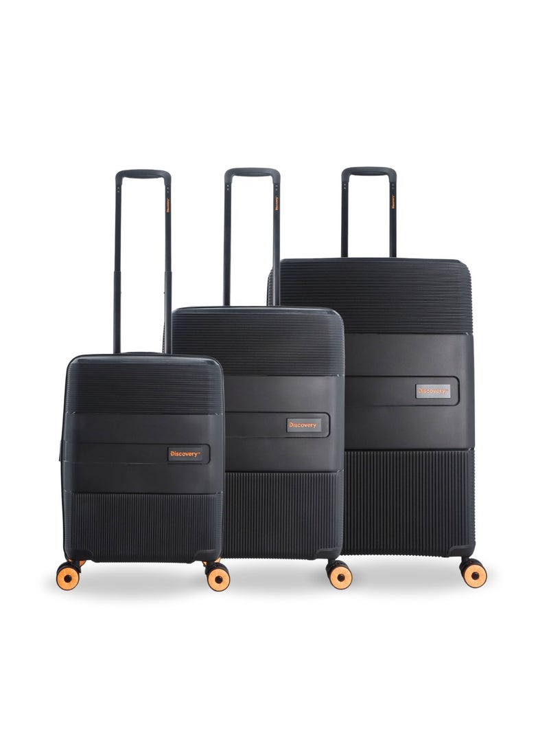 Discovery Trails PP Hardside Luggage Set Black, Durable Expandable Unbreakable Double Zip Lightweight Travel Bag 4 Double Wheel TSA Lock 3pcs Suitcase Trolley Bag (21+26+30 Inch).