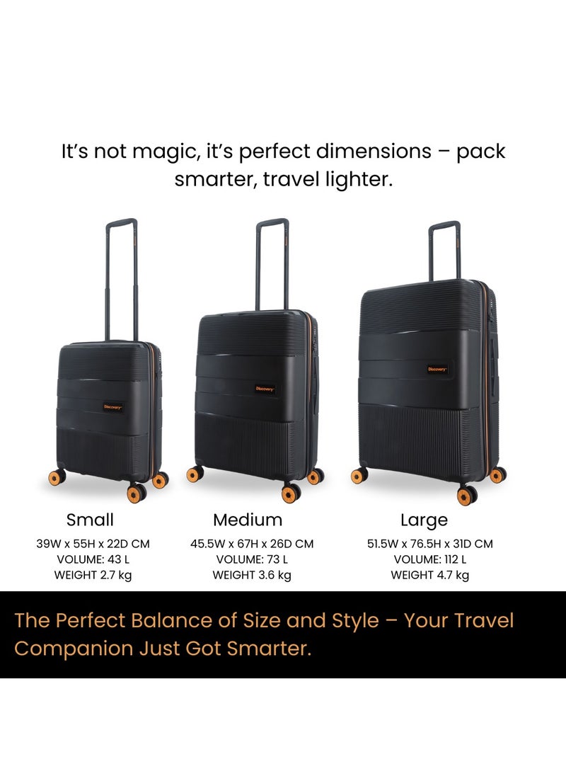 Discovery Trails PP Hardside Luggage Set Black, Durable Expandable Unbreakable Double Zip Lightweight Travel Bag 4 Double Wheel TSA Lock 3pcs Suitcase Trolley Bag (21+26+30 Inch).