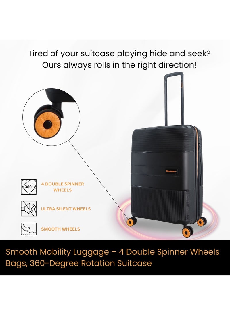 Discovery Trails PP Hardside Luggage Set Black, Durable Expandable Unbreakable Double Zip Lightweight Travel Bag 4 Double Wheel TSA Lock 3pcs Suitcase Trolley Bag (21+26+30 Inch).