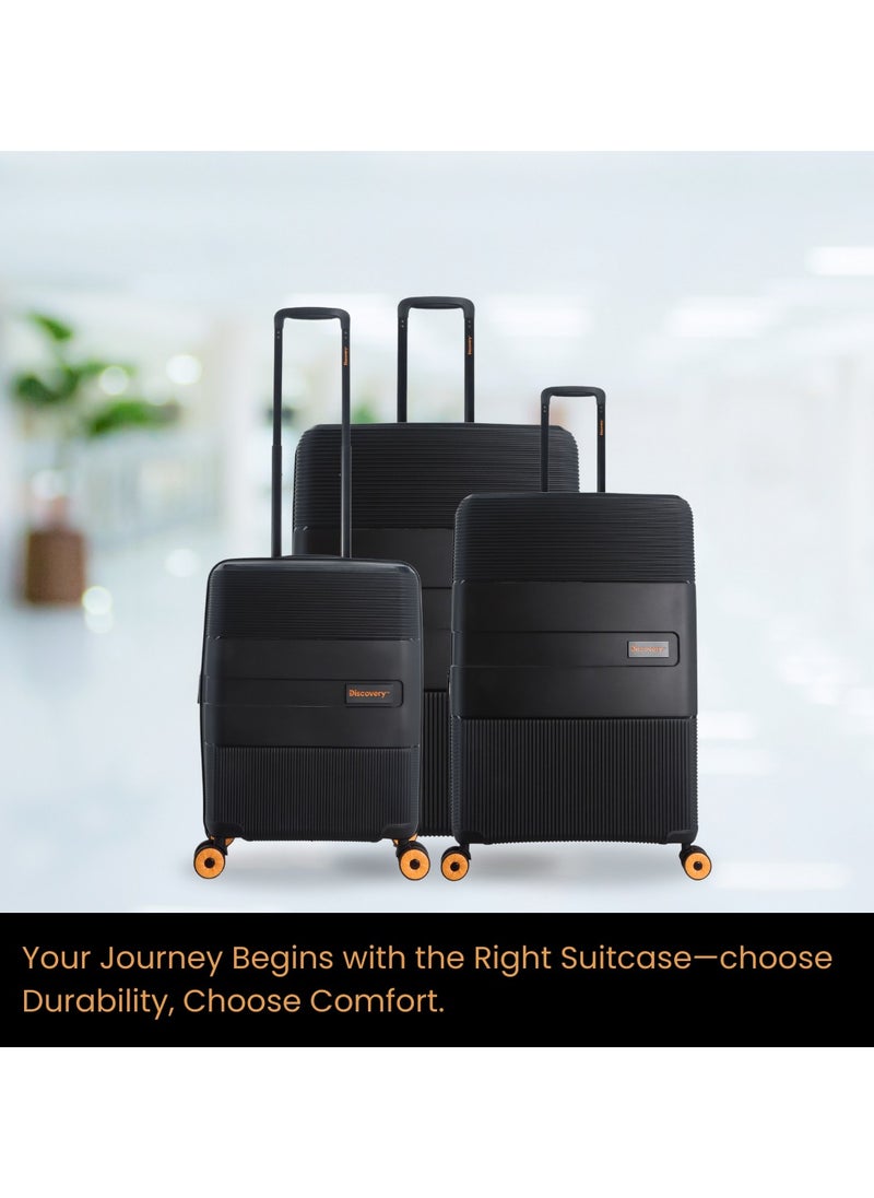 Discovery Trails PP Hardside Luggage Set Black, Durable Expandable Unbreakable Double Zip Lightweight Travel Bag 4 Double Wheel TSA Lock 3pcs Suitcase Trolley Bag (21+26+30 Inch).