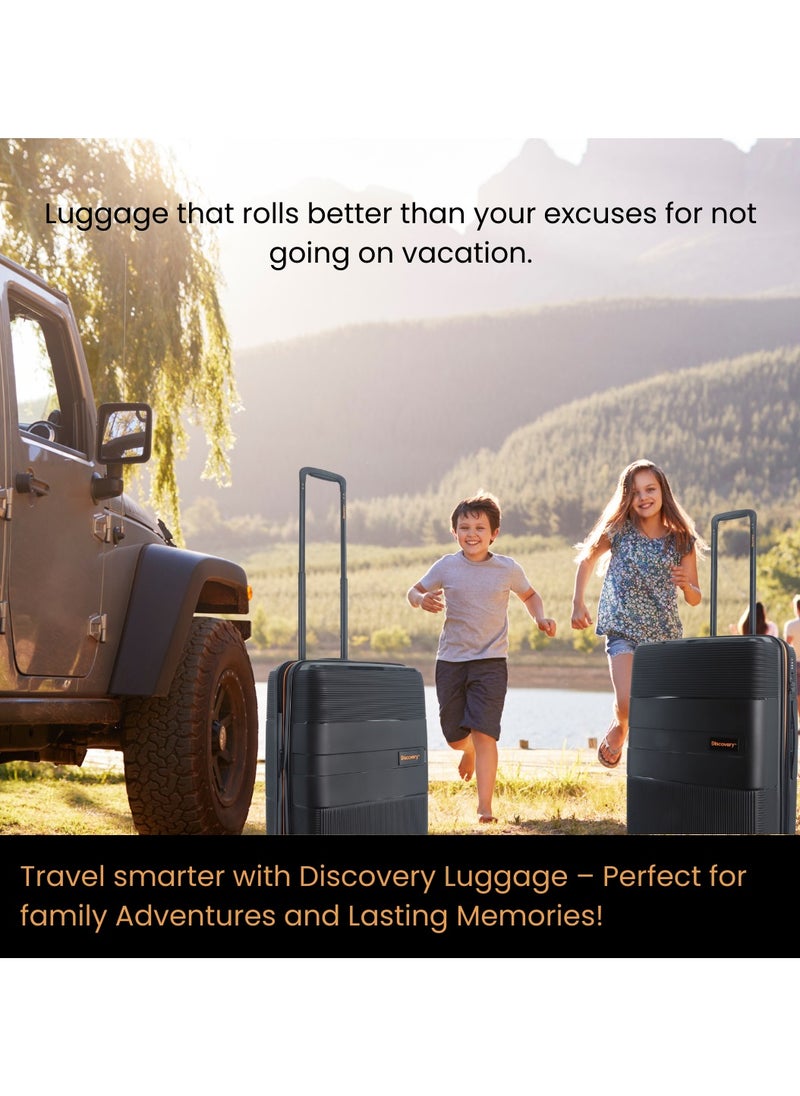 Discovery Trails PP Hardside Luggage Set Black, Durable Expandable Unbreakable Double Zip Lightweight Travel Bag 4 Double Wheel TSA Lock 3pcs Suitcase Trolley Bag (21+26+30 Inch).