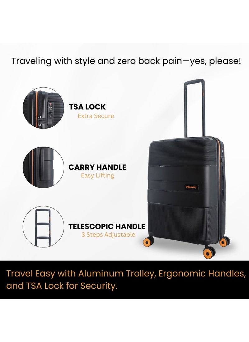 Discovery Trails PP Hardside Luggage Set Black, Durable Expandable Unbreakable Double Zip Lightweight Travel Bag 4 Double Wheel TSA Lock 3pcs Suitcase Trolley Bag (21+26+30 Inch).
