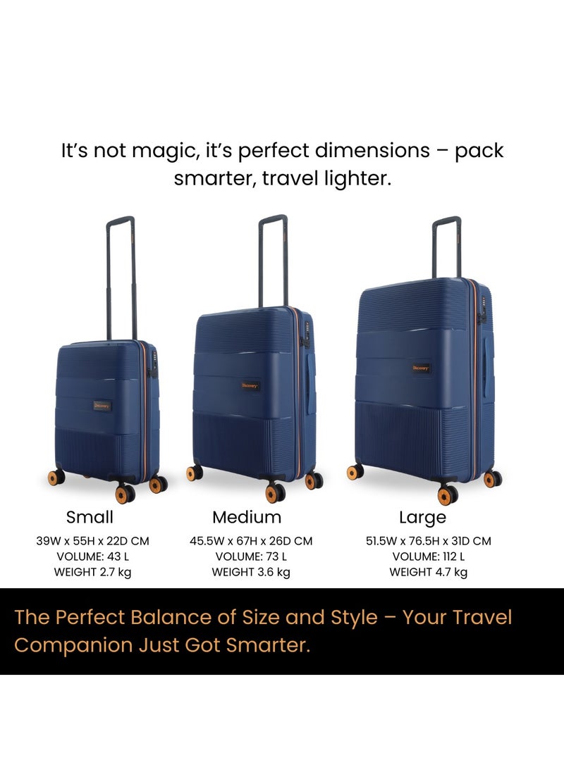 Discovery Trails PP Hardside Luggage Set Navy, Durable Expandable Unbreakable Double Zip Lightweight Travel Bag 4 Double Wheel TSA Lock 3pcs Suitcase Trolley Bag (21+26+30 Inch).