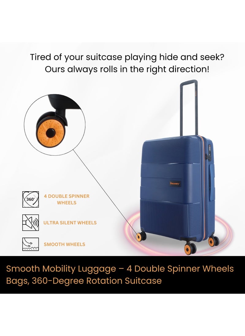 Discovery Trails PP Hardside Luggage Set Navy, Durable Expandable Unbreakable Double Zip Lightweight Travel Bag 4 Double Wheel TSA Lock 3pcs Suitcase Trolley Bag (21+26+30 Inch).