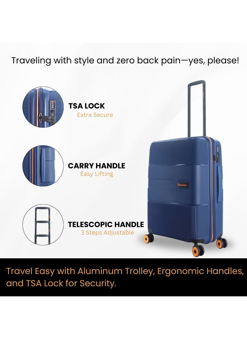 Discovery Trails PP Hardside Luggage Set Navy, Durable Expandable Unbreakable Double Zip Lightweight Travel Bag 4 Double Wheel TSA Lock 3pcs Suitcase Trolley Bag (21+26+30 Inch).