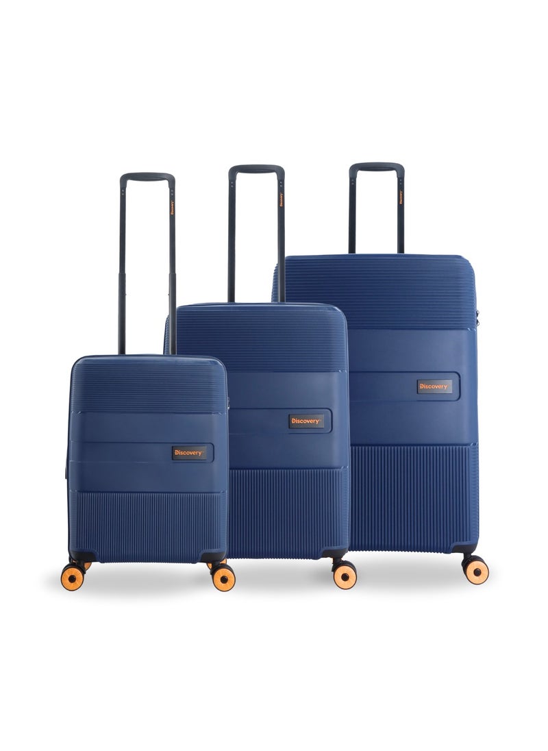 Discovery Trails PP Hardside Luggage Set Navy, Durable Expandable Unbreakable Double Zip Lightweight Travel Bag 4 Double Wheel TSA Lock 3pcs Suitcase Trolley Bag (21+26+30 Inch).