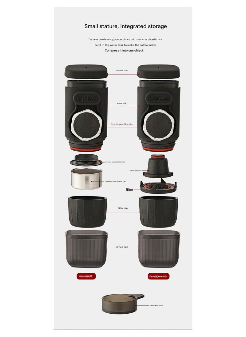 Portable Espresso Coffee Maker, 15 Bar High Voltage Portable Hand Pressure, 100ml Capacity, Manual Operation, Dual Use for Ground Coffee/Capsules