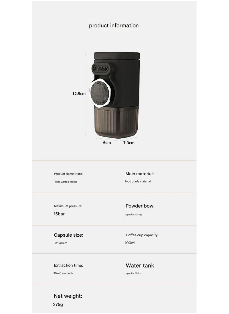 Portable Espresso Coffee Maker, 15 Bar High Voltage Portable Hand Pressure, 100ml Capacity, Manual Operation, Dual Use for Ground Coffee/Capsules
