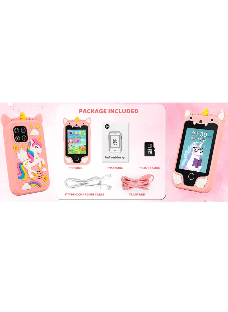 Kids Smart Phone for Girls, Dual Camera Unicorn Kids Phone Toy with Games, Music Player, Toddler Cell Phone Kids Learning Play Toy for 3-12 Years Old Boys Girls, Christmas Birthday With 8G Card (Pink)
