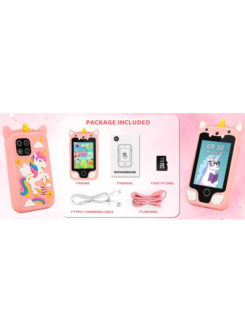 Kids Smart Phone for Girls, Dual Camera Unicorn Kids Phone Toy with Games, Music Player, Toddler Cell Phone Kids Learning Play Toy for 3-12 Years Old Boys Girls, Christmas Birthday With 8G Card (Pink)