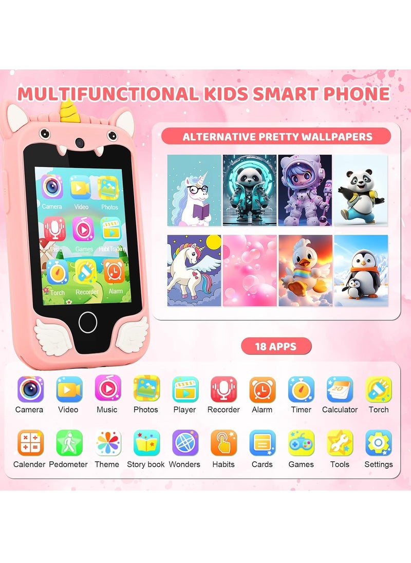 Kids Smart Phone for Girls, Dual Camera Unicorn Kids Phone Toy with Games, Music Player, Toddler Cell Phone Kids Learning Play Toy for 3-12 Years Old Boys Girls, Christmas Birthday With 8G Card (Pink)