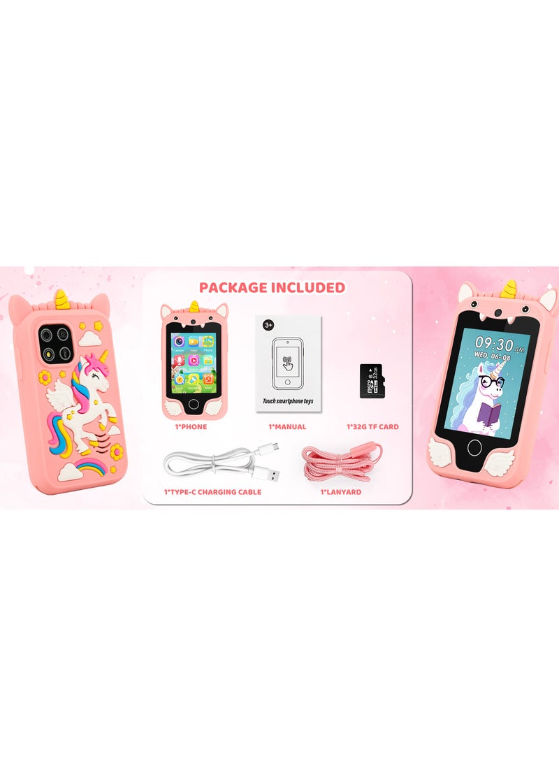 Kids Smart Phone for Girls, Dual Camera Unicorn Kids Phone Toy with Games, Music Player, Toddler Cell Phone Kids Learning Play Toy for 3-12 Years Old Boys Girls, Christmas Birthday With 8G Card (Pink)
