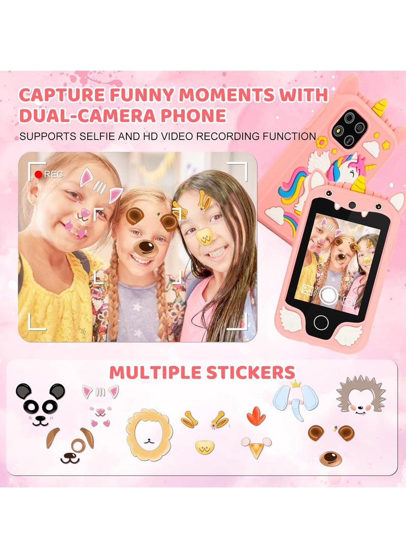 Kids Smart Phone for Girls, Dual Camera Unicorn Kids Phone Toy with Games, Music Player, Toddler Cell Phone Kids Learning Play Toy for 3-12 Years Old Boys Girls, Christmas Birthday With 8G Card (Pink)