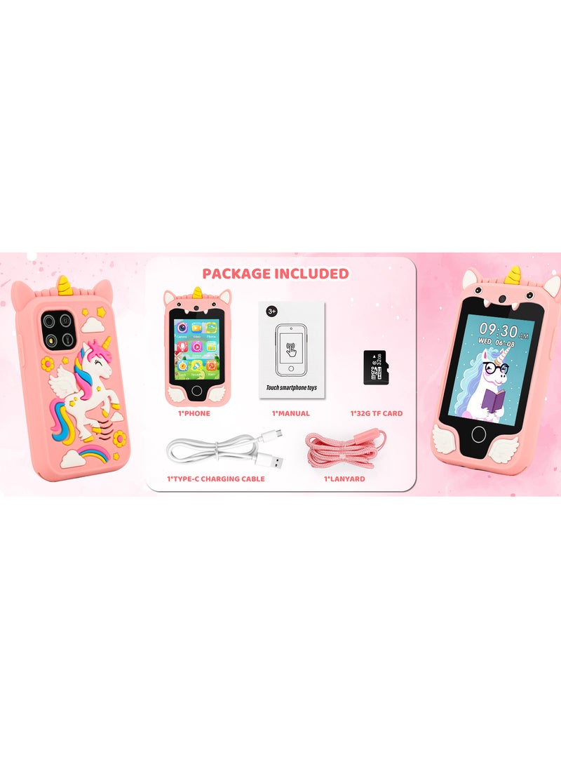Kids Smart Phone for Girls, Dual Camera Unicorn Kids Phone Toy with Games, Music Player, Toddler Cell Phone Kids Learning Play Toy for 3-12 Years Old Boys Girls, Christmas Birthday With 8G Card (Pink)