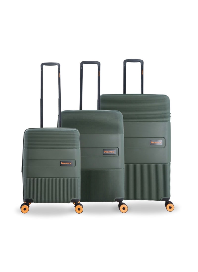 Discovery Trails PP Hardside Luggage Set Khaki, Durable Expandable Unbreakable Double Zip Lightweight Travel Bag 4 Double Wheel TSA Lock 3pcs Suitcase Trolley Bag (21+26+30 Inch).
