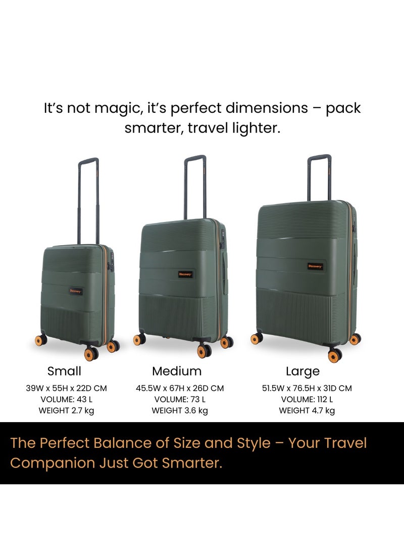 Discovery Trails PP Hardside Luggage Set Khaki, Durable Expandable Unbreakable Double Zip Lightweight Travel Bag 4 Double Wheel TSA Lock 3pcs Suitcase Trolley Bag (21+26+30 Inch).