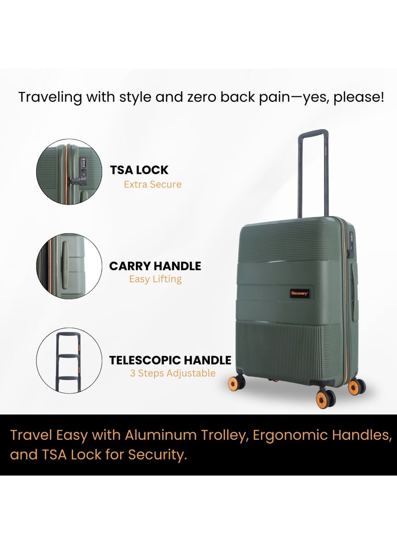 Discovery Trails PP Hardside Luggage Set Khaki, Durable Expandable Unbreakable Double Zip Lightweight Travel Bag 4 Double Wheel TSA Lock 3pcs Suitcase Trolley Bag (21+26+30 Inch).