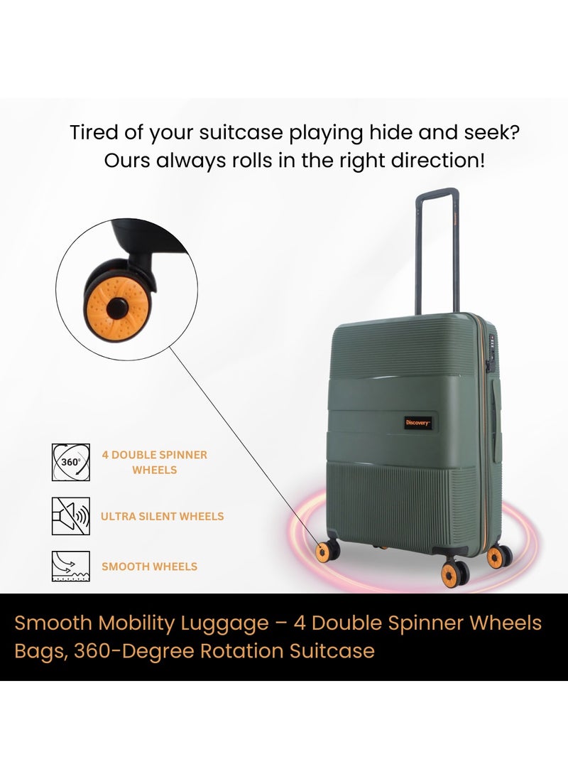 Discovery Trails PP Hardside Luggage Set Khaki, Durable Expandable Unbreakable Double Zip Lightweight Travel Bag 4 Double Wheel TSA Lock 3pcs Suitcase Trolley Bag (21+26+30 Inch).