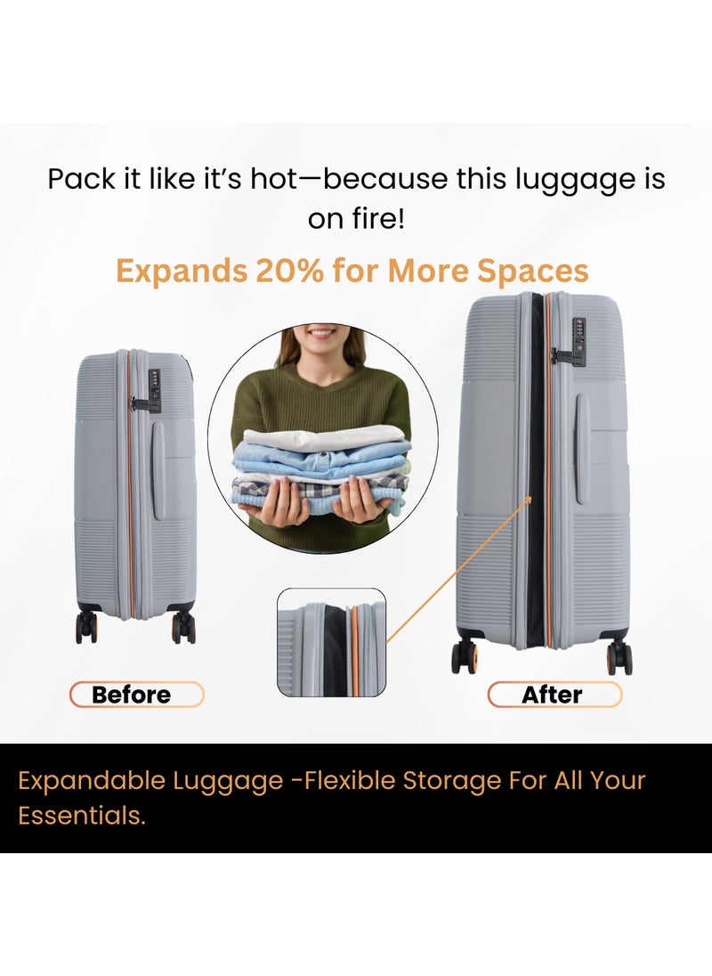 Discovery Trails PP Hardside Luggage Set Silver, Durable Expandable Unbreakable Double Zip Lightweight Travel Bag 4 Double Wheel TSA Lock 3pcs Suitcase Trolley Bag (21+26+30 Inch).