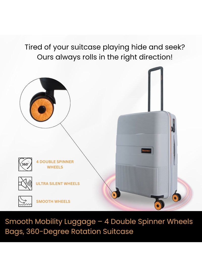Discovery Trails PP Hardside Luggage Set Silver, Durable Expandable Unbreakable Double Zip Lightweight Travel Bag 4 Double Wheel TSA Lock 3pcs Suitcase Trolley Bag (21+26+30 Inch).