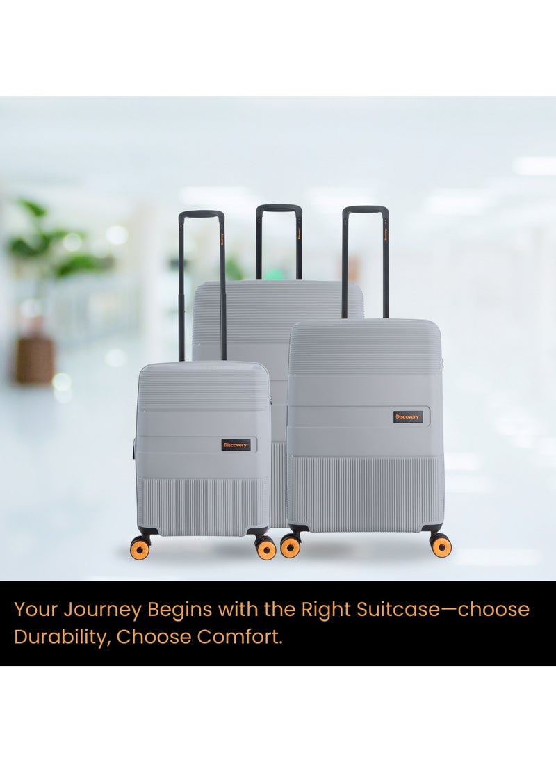 Discovery Trails PP Hardside Luggage Set Silver, Durable Expandable Unbreakable Double Zip Lightweight Travel Bag 4 Double Wheel TSA Lock 3pcs Suitcase Trolley Bag (21+26+30 Inch).