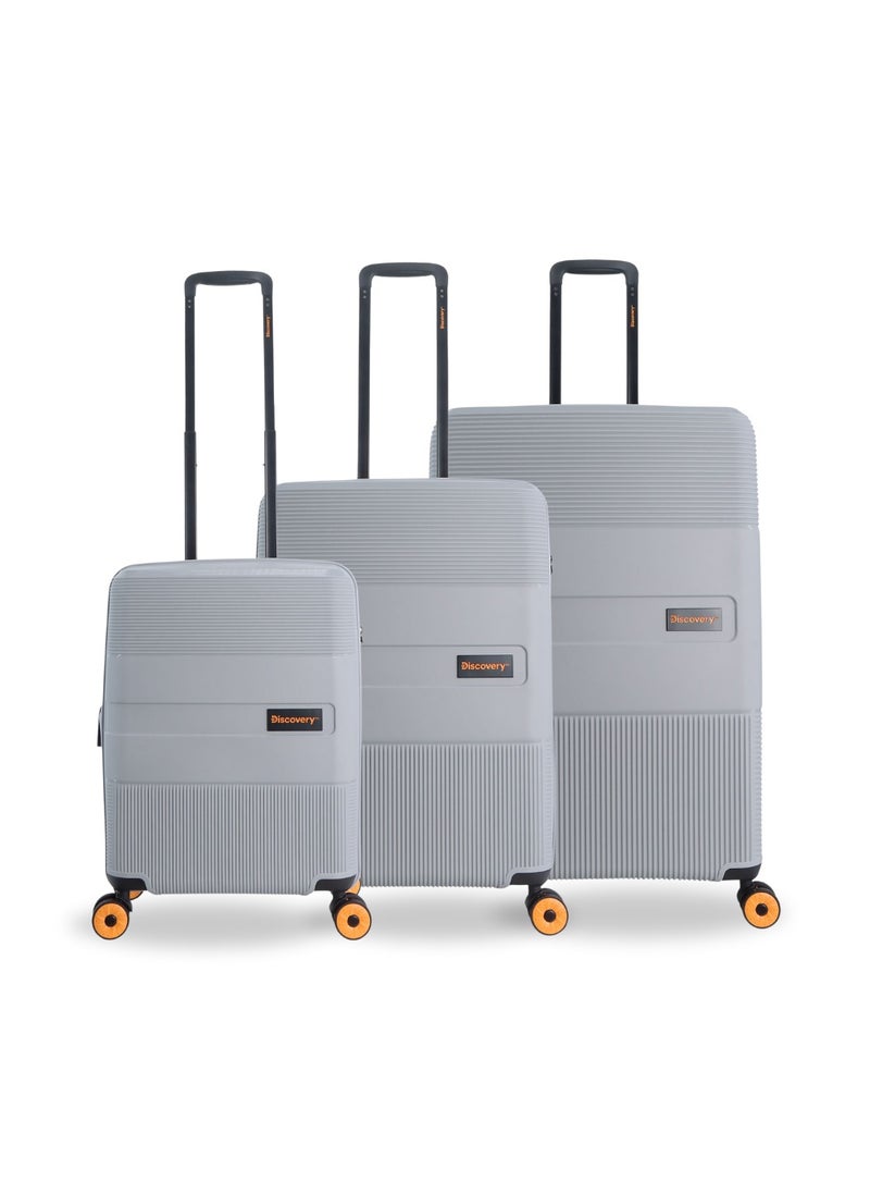 Discovery Trails PP Hardside Luggage Set Silver, Durable Expandable Unbreakable Double Zip Lightweight Travel Bag 4 Double Wheel TSA Lock 3pcs Suitcase Trolley Bag (21+26+30 Inch).