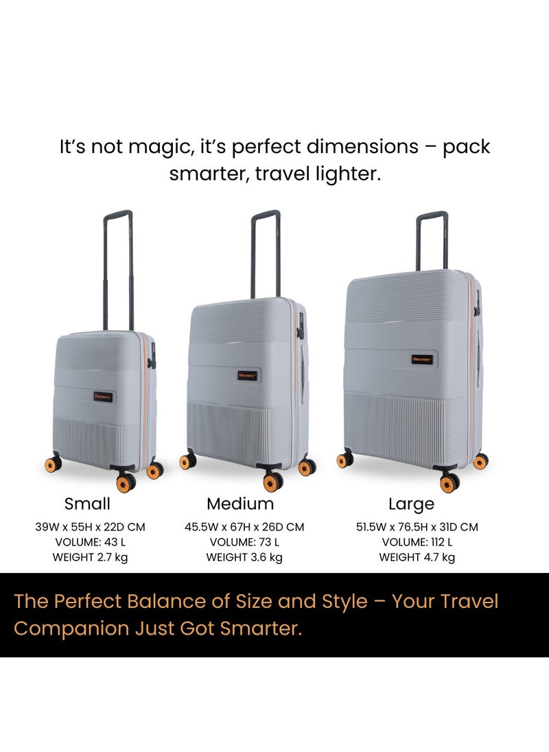 Discovery Trails PP Hardside Luggage Set Silver, Durable Expandable Unbreakable Double Zip Lightweight Travel Bag 4 Double Wheel TSA Lock 3pcs Suitcase Trolley Bag (21+26+30 Inch).