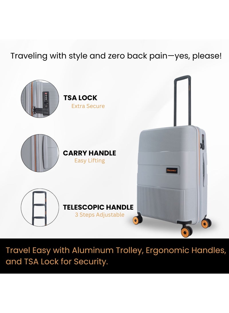Discovery Trails PP Hardside Luggage Set Silver, Durable Expandable Unbreakable Double Zip Lightweight Travel Bag 4 Double Wheel TSA Lock 3pcs Suitcase Trolley Bag (21+26+30 Inch).