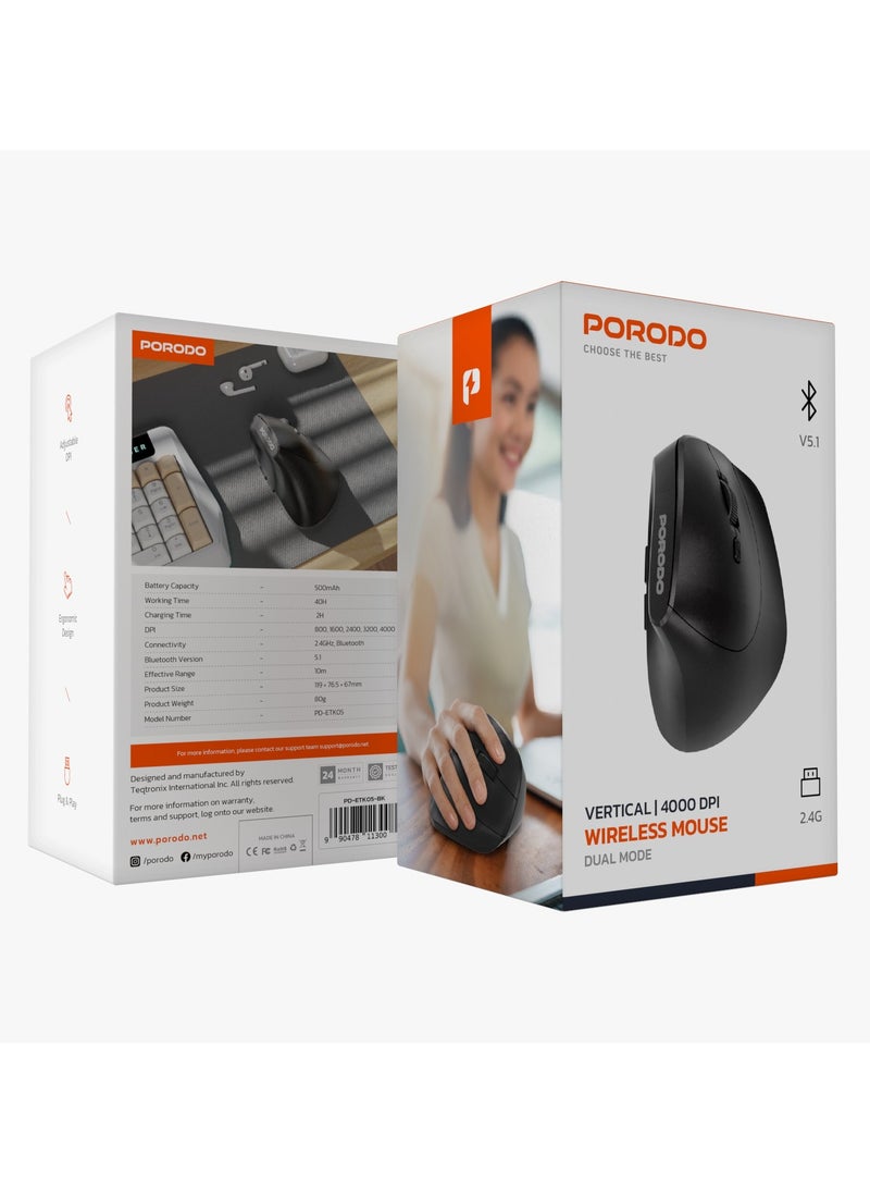 Vertical 4000 DPI Wireless Mouse / Ergonomic Design / Adjustable DPI / Plug & Play / Bluetooth - Black