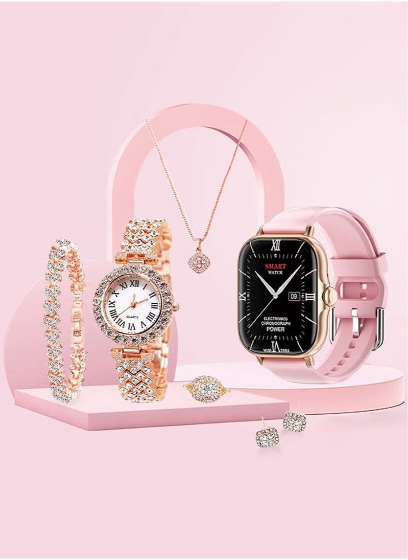 7 in 1 Ultra Watch Series 9 Smart Watch for Women and Golden Mechanical Watch with Silicon Band and 1 Golden Bracelet and 1 Pendant and 1 pair of Stud Earrings and ring