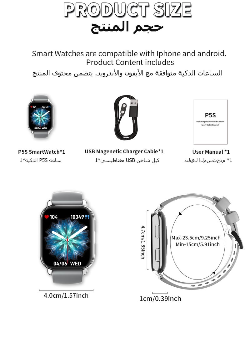 Korean Brand P5S Smart Watch,Business Smartwatch,Waterproof Fitness Watch, Bluetooth Calling,Smart watch for Men, Zinc Alloy Vacuum Plating, Heart Rate Monitoring,Smart watch for women Silver