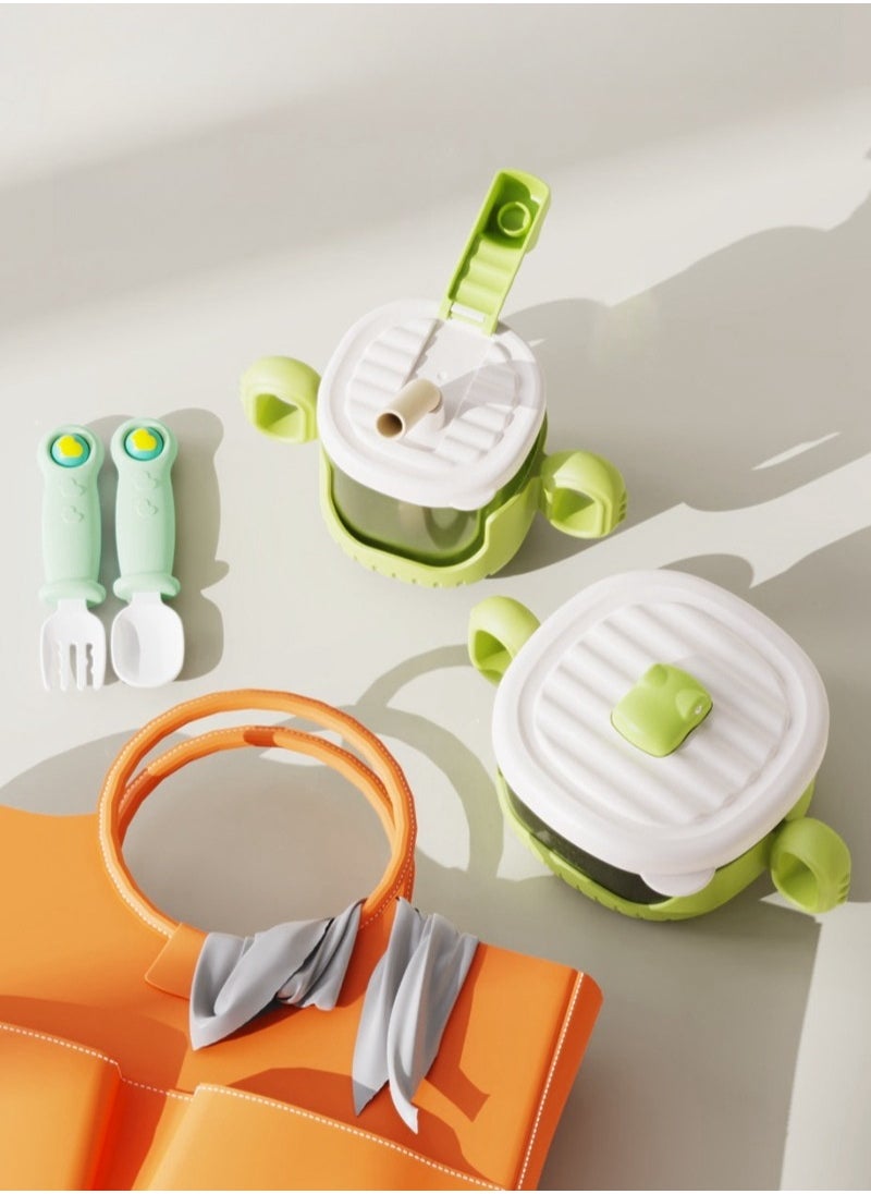 Silicone Baby Feeding Set, 4 Pieces, Including A Bowl With Lid, A Glass With A Straw, A Spoon And A Fork.