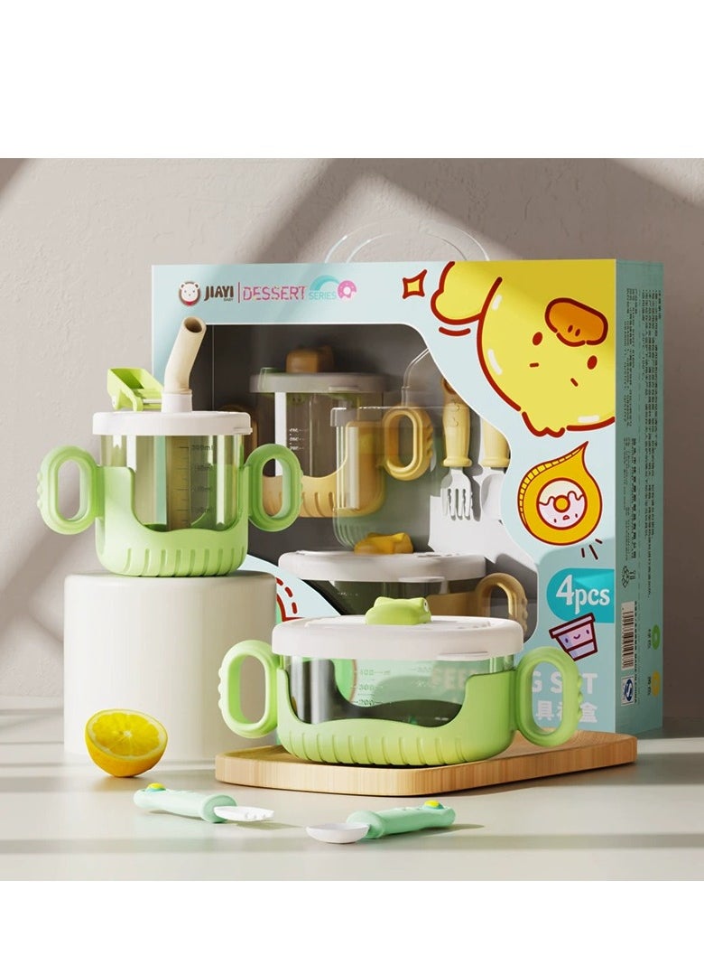 Silicone Baby Feeding Set, 4 Pieces, Including A Bowl With Lid, A Glass With A Straw, A Spoon And A Fork.