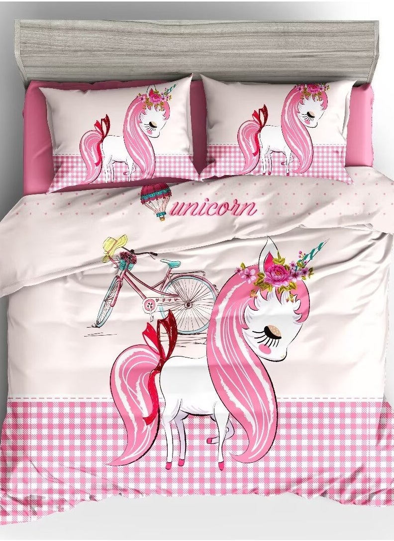 DUOMA HOME Digital printed duvet cover set(160×210cm) ,4pcs set with fit sheet and 2 pcs pillow cases, single size, pink unicorn